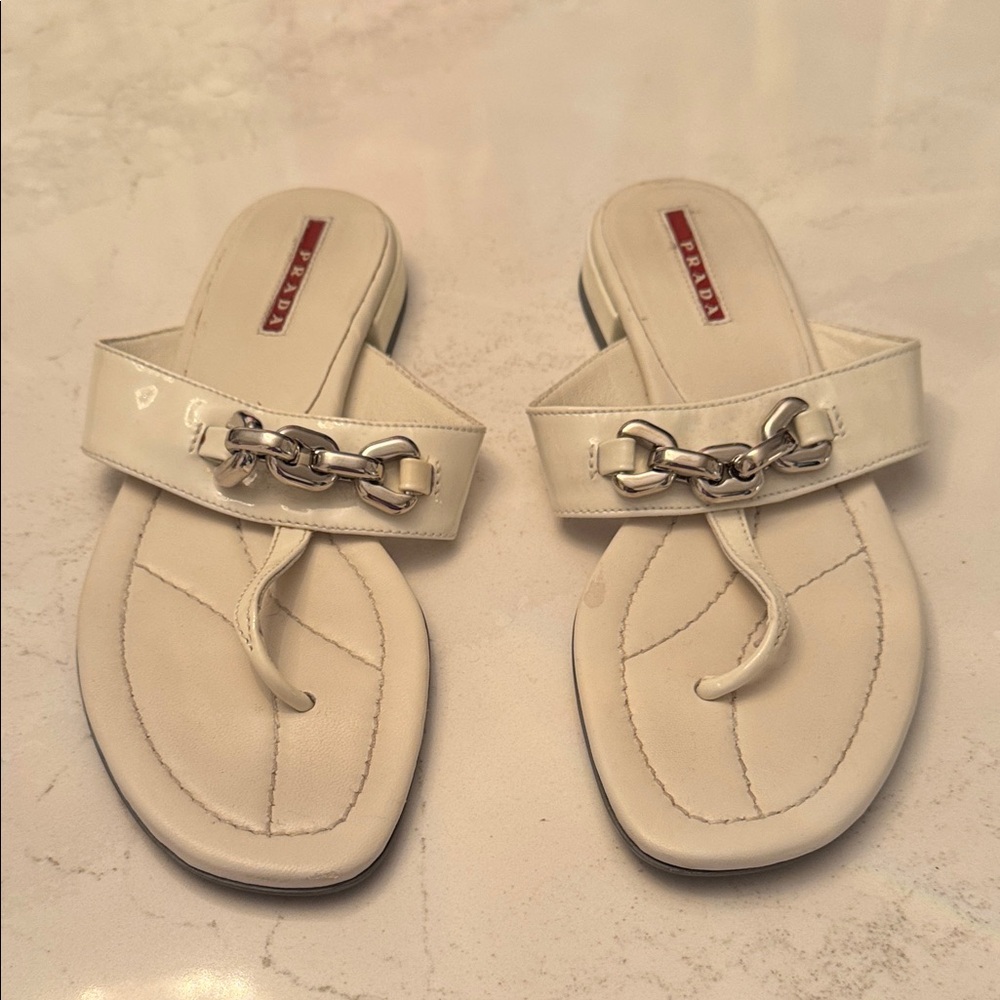 Prada Women's Sandals in Cream with Silver Accents